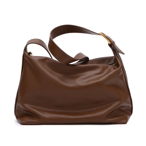 Minimalist large dark brown leather hobo shoulder bag with adjustable gold buckle strap