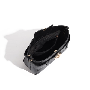 Detailed top view of black lychee leather bag interior with zipper compartment