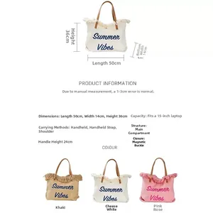 Size chart showing dimensions and capacity for the large canvas tote bag with embroidery
