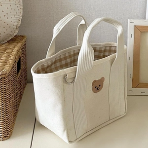 Off-white canvas mommy tote bag with cute bear embroidery and plaid lining