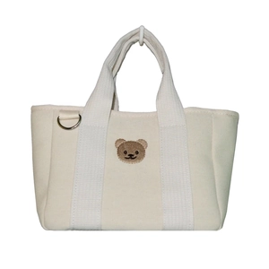 Beige canvas teddy bear embroidered lunch tote bag with D-ring on white background