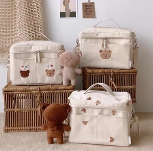 Detailed view of cream canvas diaper bag with cute bear embroidery and shoulder strap