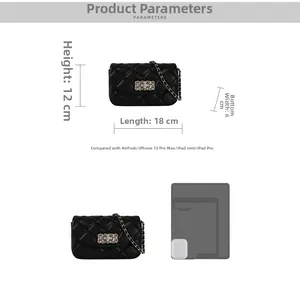 Quilted chain bag dimensions guide showing 18x12x6cm size and phone scale comparison