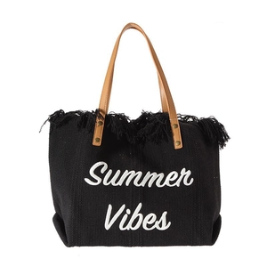 Large capacity black canvas tote bag with Summer Vibes embroidery and brown leather straps