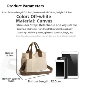 Detailed size parameters for the cream canvas tote bag with adjustable shoulder straps