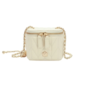 Mini white quilted box bag with gold camellia clasp and chain shoulder strap