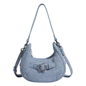 Sac à bandoulière demi-lune en denim bleu clair rétro avec étoiles argentées