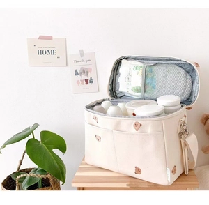 Detail of insulated baby bag interior with bear embroidery and functional mesh pockets