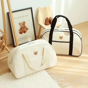 Korean Ins Style Bear Embroidered Canvas Diaper Bag Large Capacity Travel Handbag Portable Storage Tote For Women