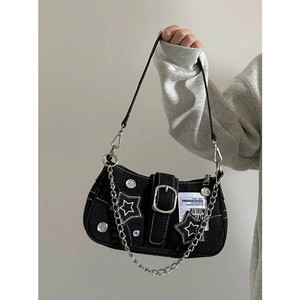 Retro Y2K denim shoulder bag with silver star patches and heavy metal chain strap
