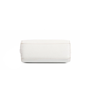 Detail shot of the white litchi grain leather base with precise reinforced stitching