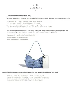 Maatvergelijking van blauwe denim baguette tas met smartphone in retro straatstijl detail