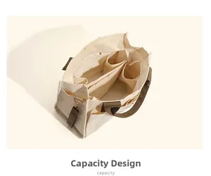Detailed interior of beige canvas tote bag with multi-compartment storage and green handles