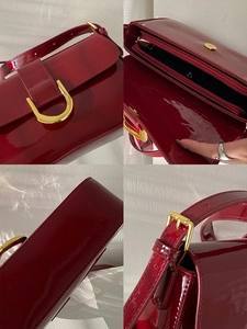 Détails du sac à main en cuir verni bordeaux et boucle en fer à cheval dorée