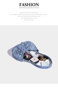 Internal capacity of washed blue denim saddle bag with daily essentials and silver buckles