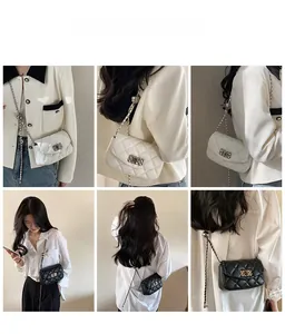 Detailed views of quilted leather flap bag with gold chain and ball charm on model