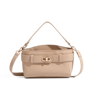 Coffee brown pebbled leather satchel with metal buckle and detachable strap