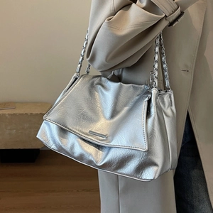 Chic metallic silver tote bag with pleated texture and silver chain strap for women