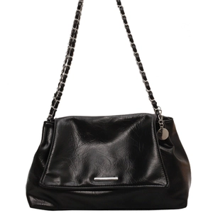 Classic black PU tote bag with chain strap and glossy wrinkled texture for women