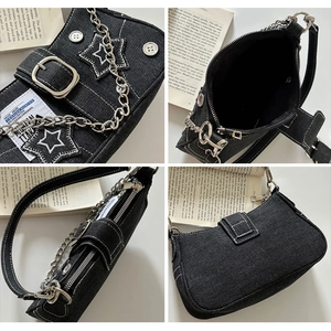 Detail view showing star embroidery, denim texture, and silver chain on Y2K shoulder bag