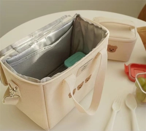 Detail of insulated lunch bag showing the thick foil lining and mesh pocket