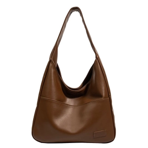 Brown large capacity soft faux leather hobo shoulder bag with front curved side pocket
