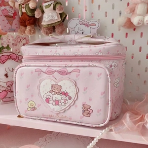 Cute Pink PU Leather Makeup Bag Large Capacity Portable Toiletry Organizer Printed Cartoon Animal Tulip Pattern Wash Bag