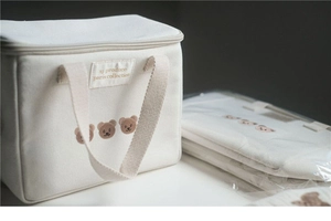 Detail of cream canvas thermal lunch bag with three cute brown bear embroideries