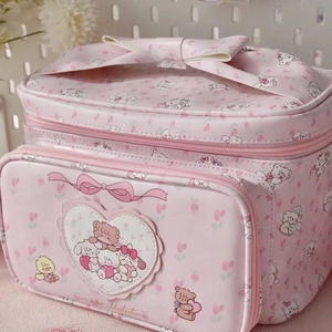 Pink cartoon cosmetics bag with mikko illustrations and a cute bow handle
