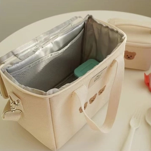 Detail of insulated lunch bag with bear patch, foil lining and adjustable strap