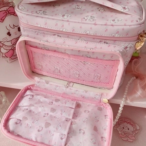 Pink cartoon animal makeup organizer with double mesh pockets and gold heart zippers