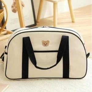 Large capacity canvas mommy bag with bear embroidery and black nylon handles in cream white