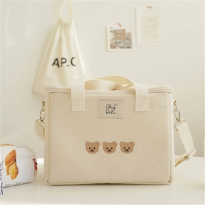 Korean Style Embroidered Bear Insulated Lunch Bag Multi-functional Canvas Mommy Tote Shoulder Bag For Outdoor Travel Women