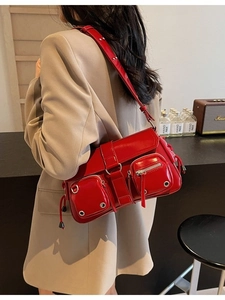 Chic red faux leather underarm bag with multi-pockets and silver metallic details