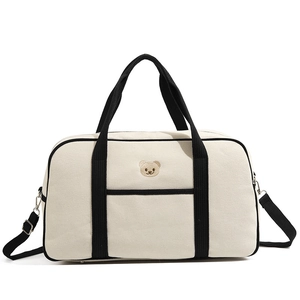Large capacity canvas mom bag with cute bear embroidery and adjustable straps