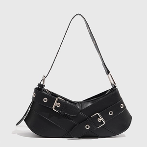 Trendy black motorcycle shoulder bag with asymmetric curve design and silver metal buckles