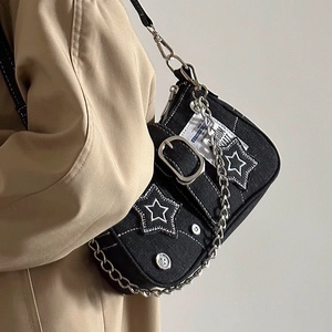 Y2K Star Denim Underarm Bag American Vintage Star Embroidery Chain Shoulder Bag Punk Streetwear Jeans Dumpling Handbag For Women