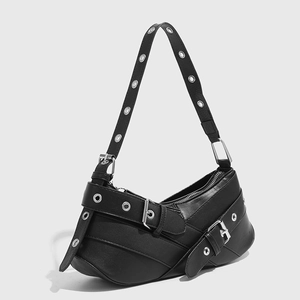 Fashionable black faux leather underarm bag with punk silver metal eyelets and straps