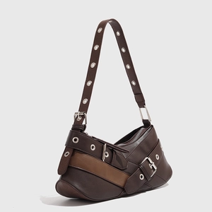 Retro dark brown punk chic underarm bag with silver grommets and buckle details