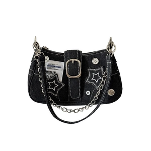 Vintage denim star shoulder bag with metal chains and contrast stitching detail