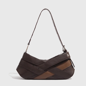 Retro two-tone brown patchwork underarm bag with woven PU leather and adjustable strap