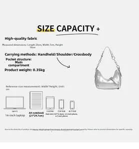 Size guide for baguette bag showing 23x16x7cm dimensions and capacity comparison