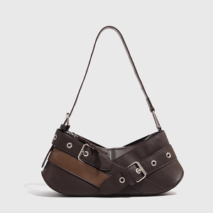 Retro brown contrast color shoulder bag with vintage silver buckles and metal eyelets