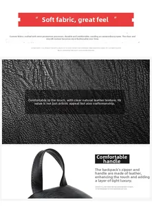 Detailed view of black pebbled leather texture and reinforced stitching on the backpack handle