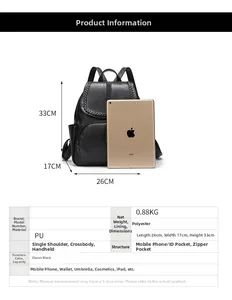 Zaino in pelle PU nera con dimensioni 26x17x33cm e specifiche tecniche dettagliate