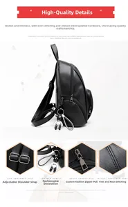 Detail shots of leather backpack with panda charm, silver zipper and adjustable buckle