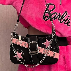 Sac Sous le Bras en Denim Punk Y2K pour Femmes avec Broderie Étoile Rose et Chaîne en Métal Sac à Épaule Tendance