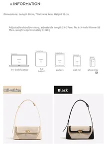 Tabella taglie con dimensioni borsa baguette 28cm e gamma regolazione tracolla