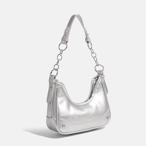 Chic silver crescent underarm bag with metallic leather and chain strap detail