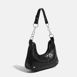 Chic black crescent hobo bag with oil wax leather and silver chain strap for women